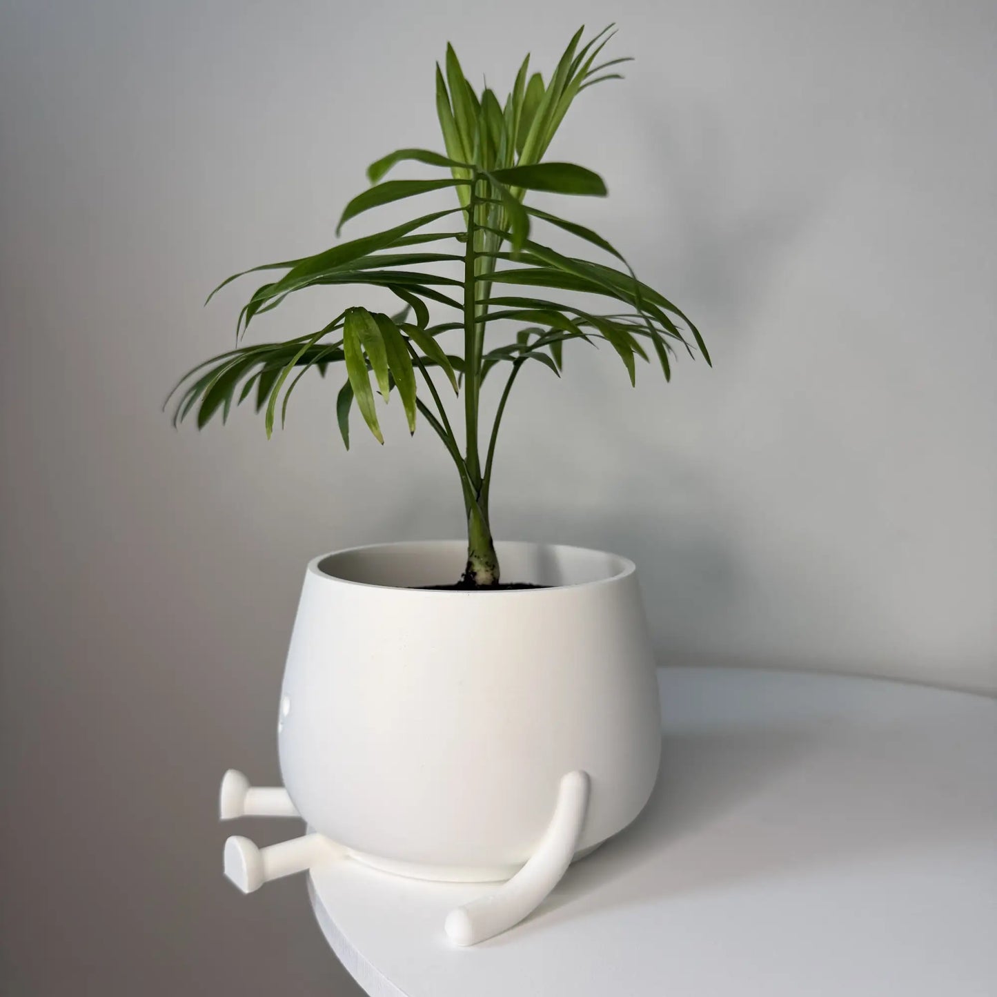 Kolorowa doniczka na kwiaty drukowana w technologii 3D z oczami i uśmiechniętą buzią.